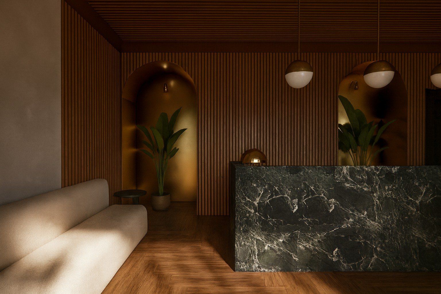 Visualisation of the reception: fluted oak, an arched niche and a dark marble desk