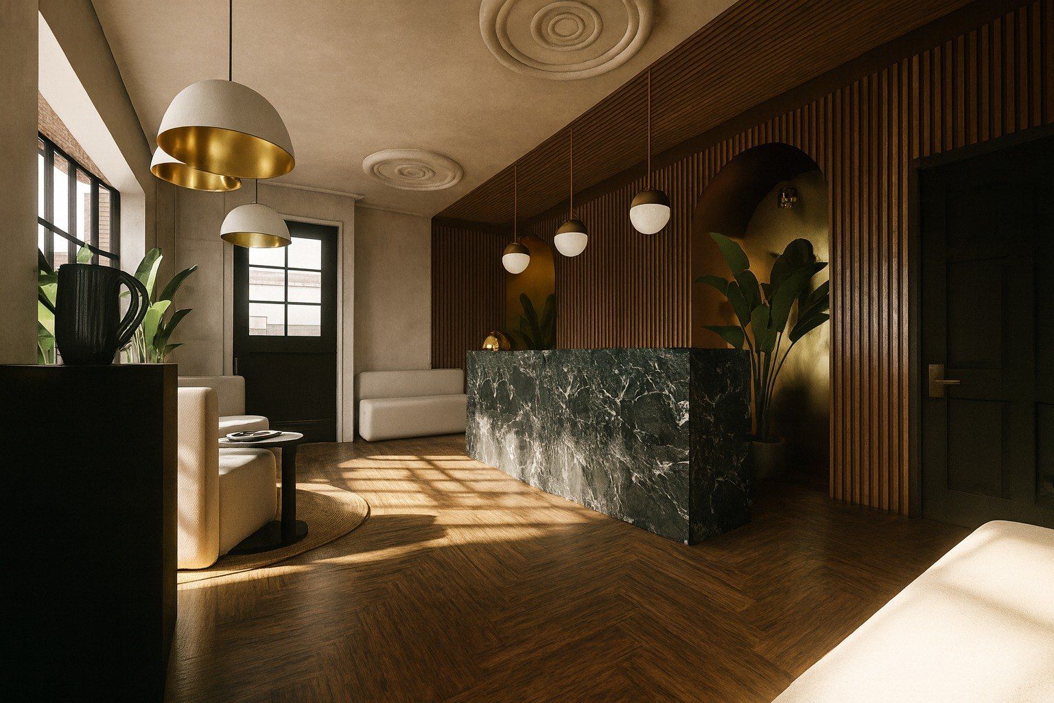 Visualisation of the reception seen from the waiting side, over a herringbone floor