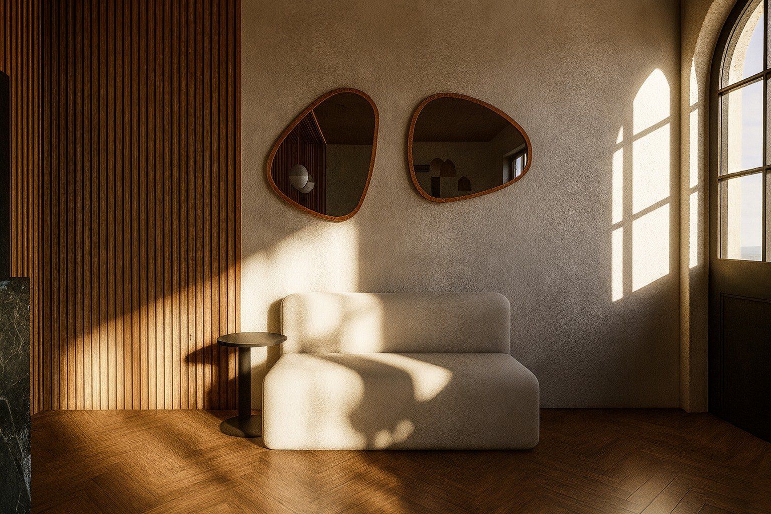 Visualisation of two pebble-shaped mirrors above a low sofa
