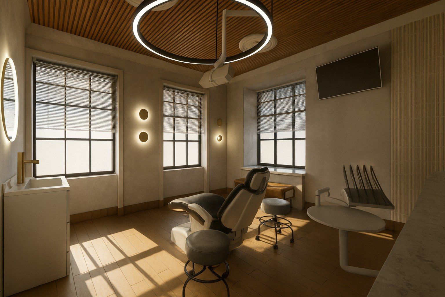 Visualisation of a treatment room with a ring light below a slatted timber ceiling