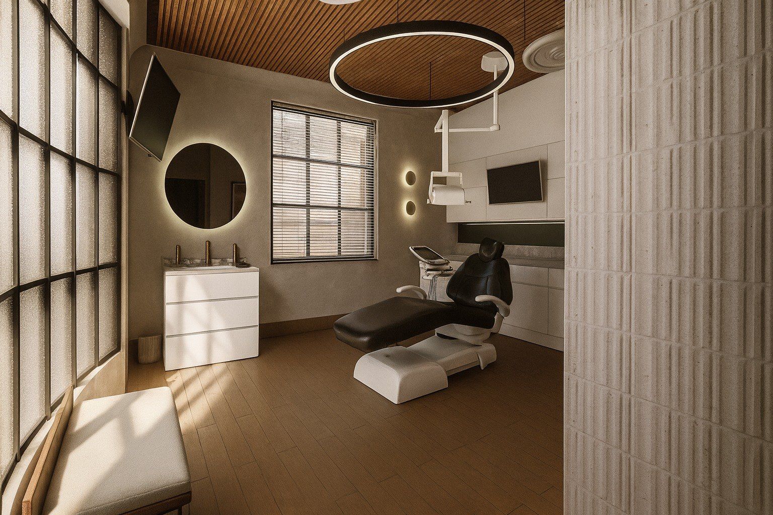 Visualisation of a second treatment room, white tile below a slatted timber ceiling