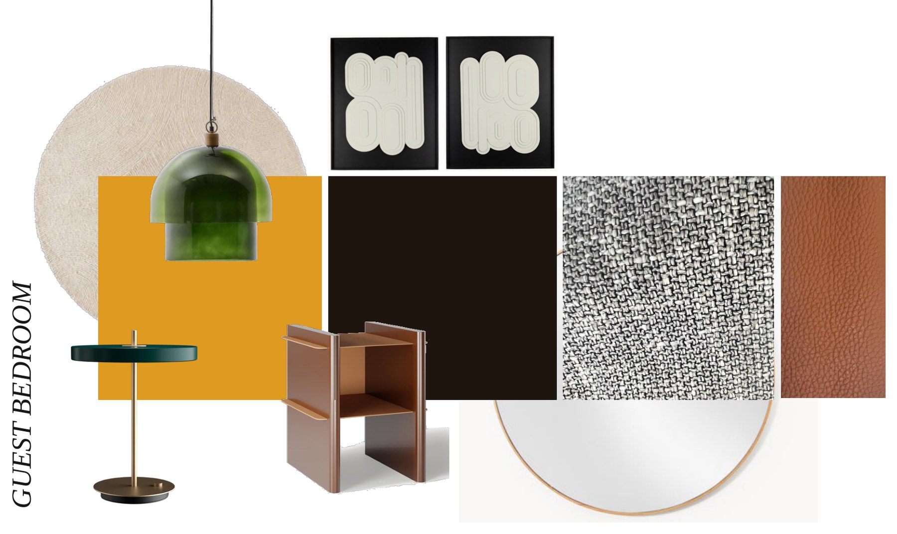 Matt Smith-Wood's moodboard for the guest bedroom: the room name set vertically down the left, a jute circle and blocks of ochre, chocolate, woven grey wool and tan leather, with a green glass pendant, a green side table, a tan chair, a round mirror and the pair of framed panels laid across their edges