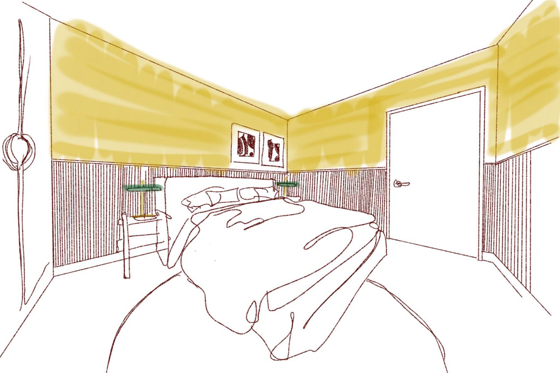 Matt Smith-Wood's pen sketch of the guest bedroom: colour washed across the upper wall and ceiling, ribbed paneling below, a pair of pictures above the bed