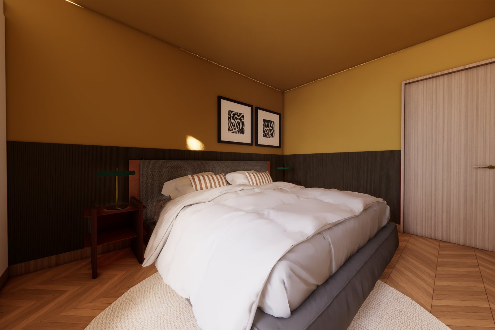 The same room visualised: ochre above dark panelling, the same two pictures above the bed and the same green lamps either side