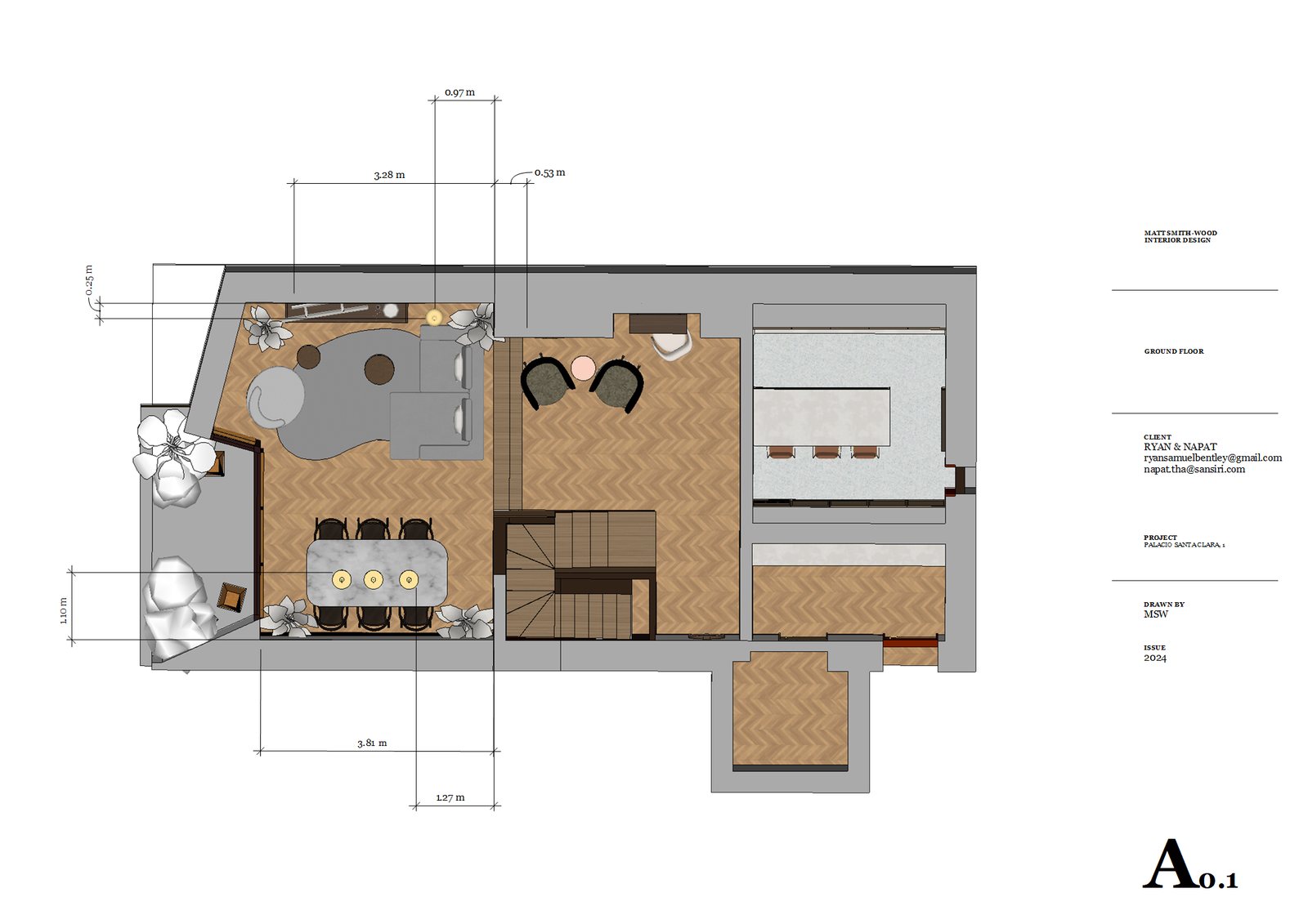 A furniture layout plan of the flat, dimensioned and annotated