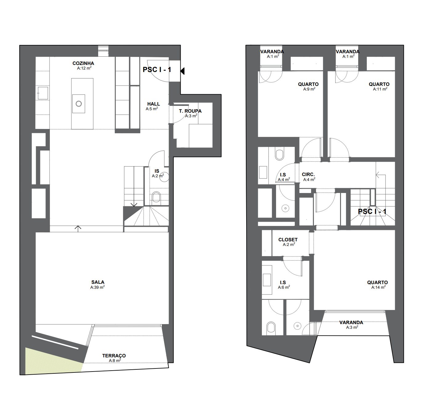 Lighting plan of both levels of the flat