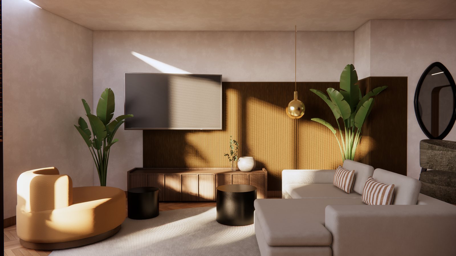 Visualisation of the living room, curved seating and planting against warm plaster