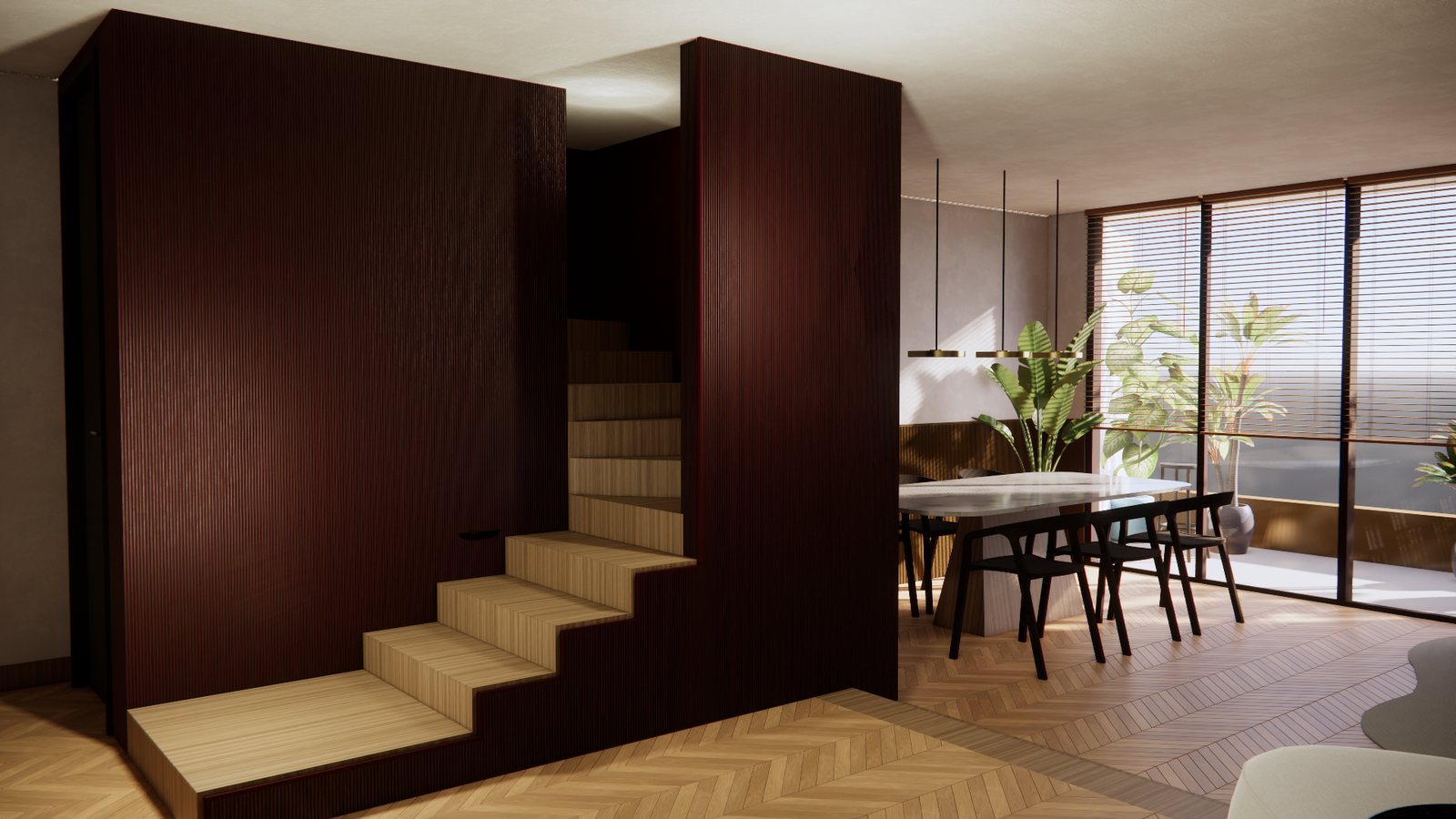 Visualisation of the stair and dining area, dark timber against herringbone