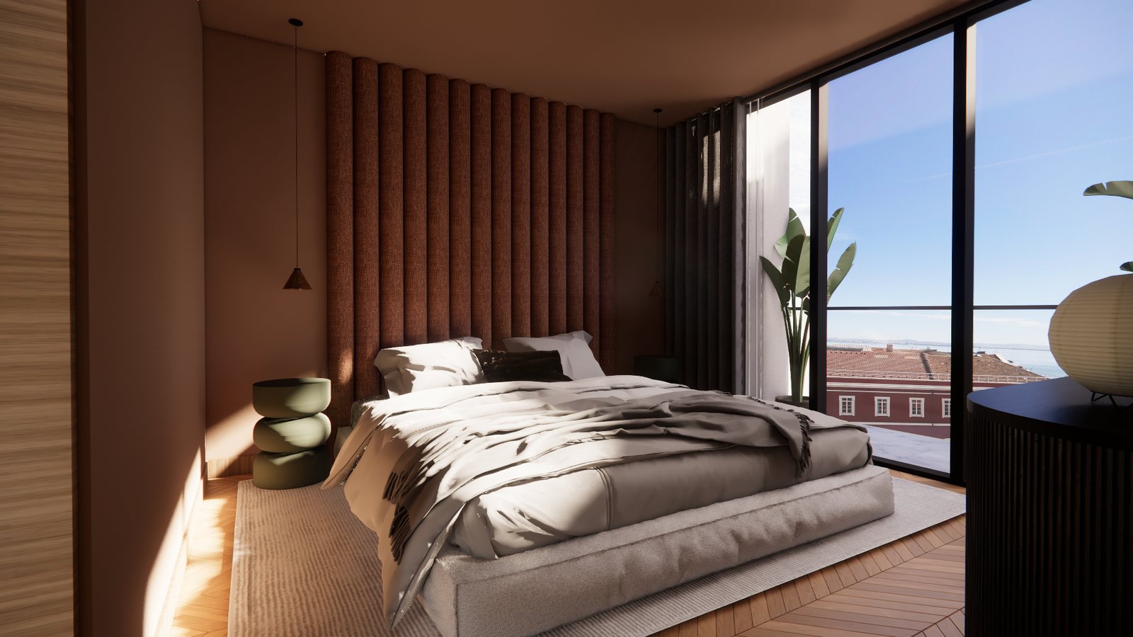Visualisation of the master bedroom, a tall ribbed headboard against the window wall