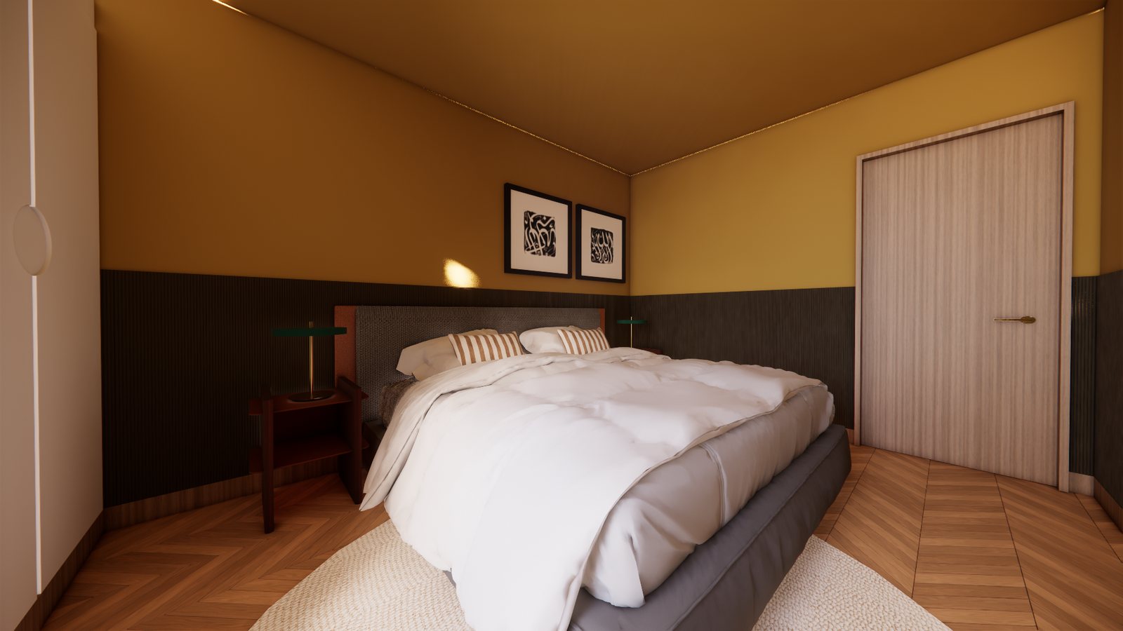 Visualisation of the guest bedroom, ochre above and dark panelling below