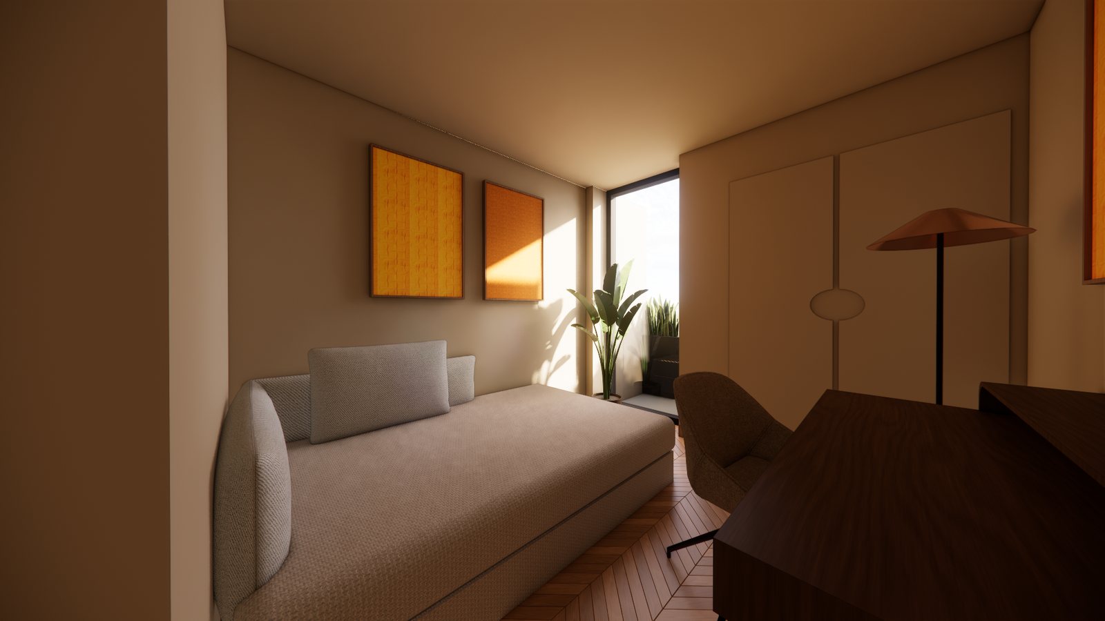 Visualisation of the studio room, framed art against a pale wall
