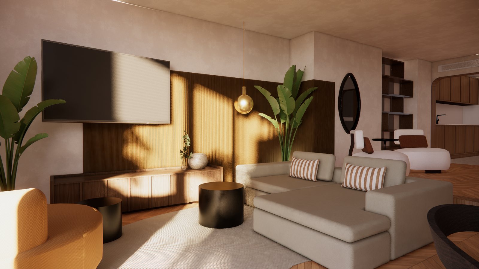Visualisation showing panelling wrapping a corner to zone the seating area
