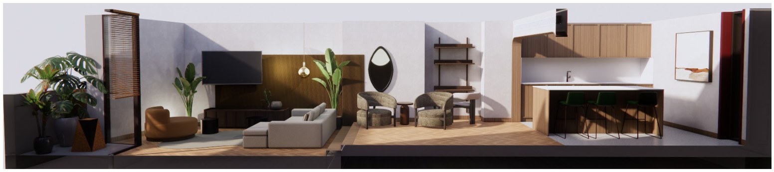 A section cut lengthways through the ground floor: planting and screen at one end, then the television wall, the sofa, a pair of chairs, shelving, and the kitchen island