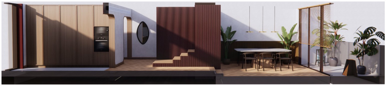 The opposing section: the kitchen run, an arched opening, the stepped change of level behind a ribbed red partition, then the dining table and the glazed end wall