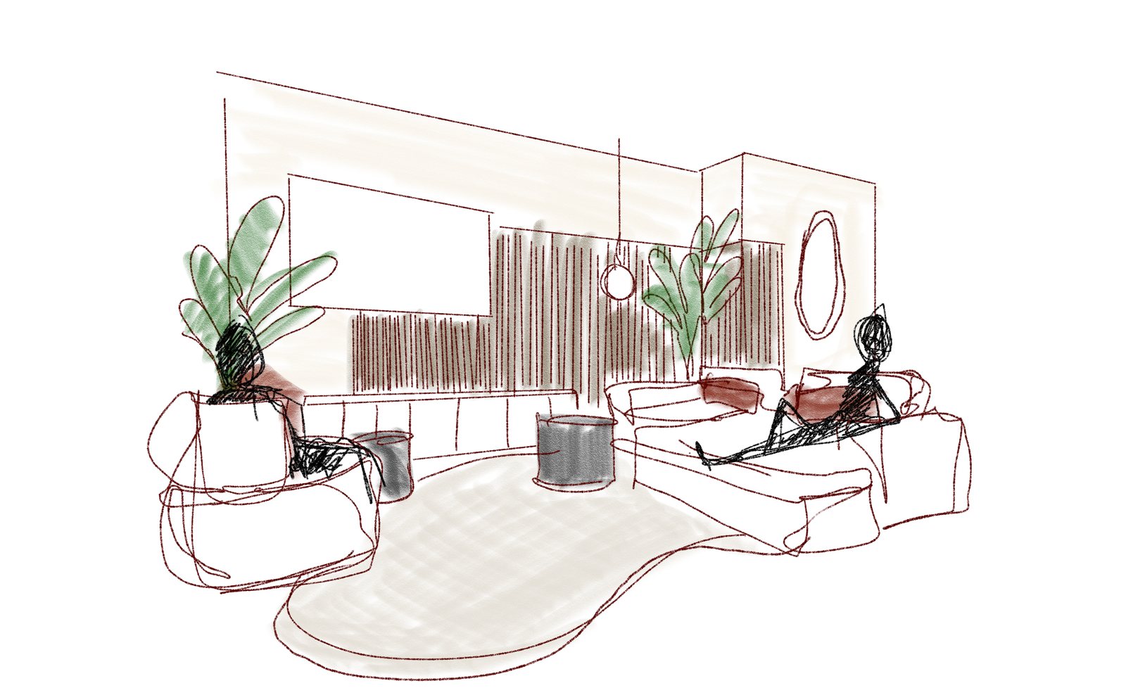 Pen sketch of the lounge, panelling lowering the space around a kidney-shaped rug