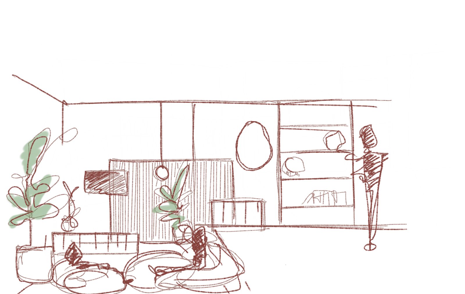Pen sketch of the living room, low curved seating in an architecturally framed space