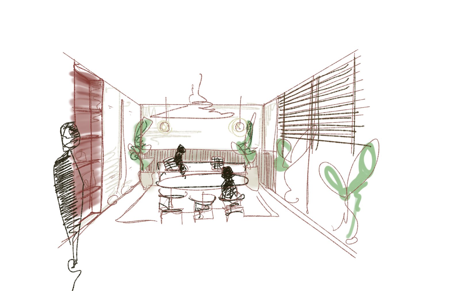 Pen sketch of the dining room, panelling and planting framing the table