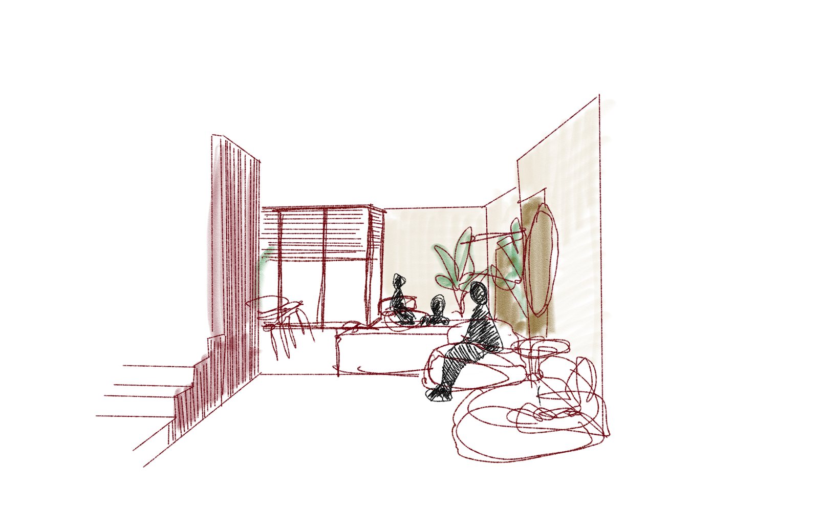 Pen sketch of the approach to the living room, gaps in the furniture drawing you through