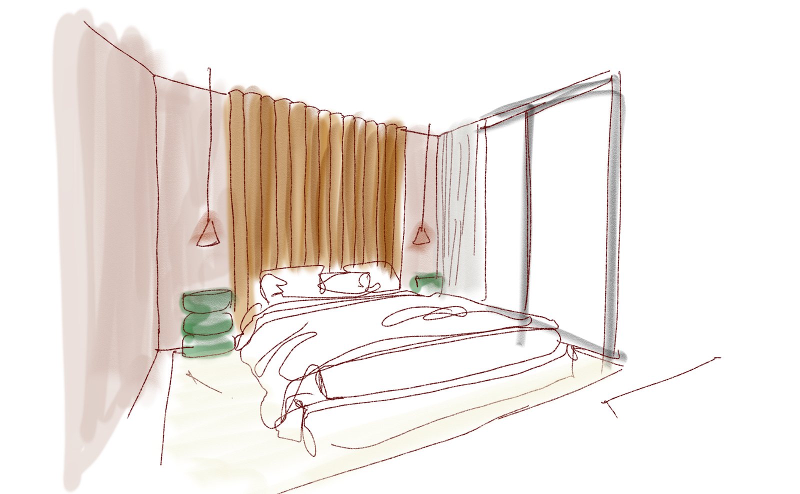 Pen sketch of the master bedroom, height and proportion with a tall headboard