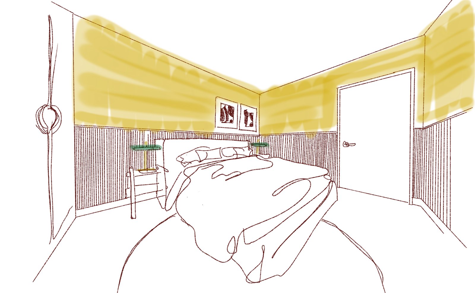 Pen sketch of the guest bedroom, colour above and low panelling below